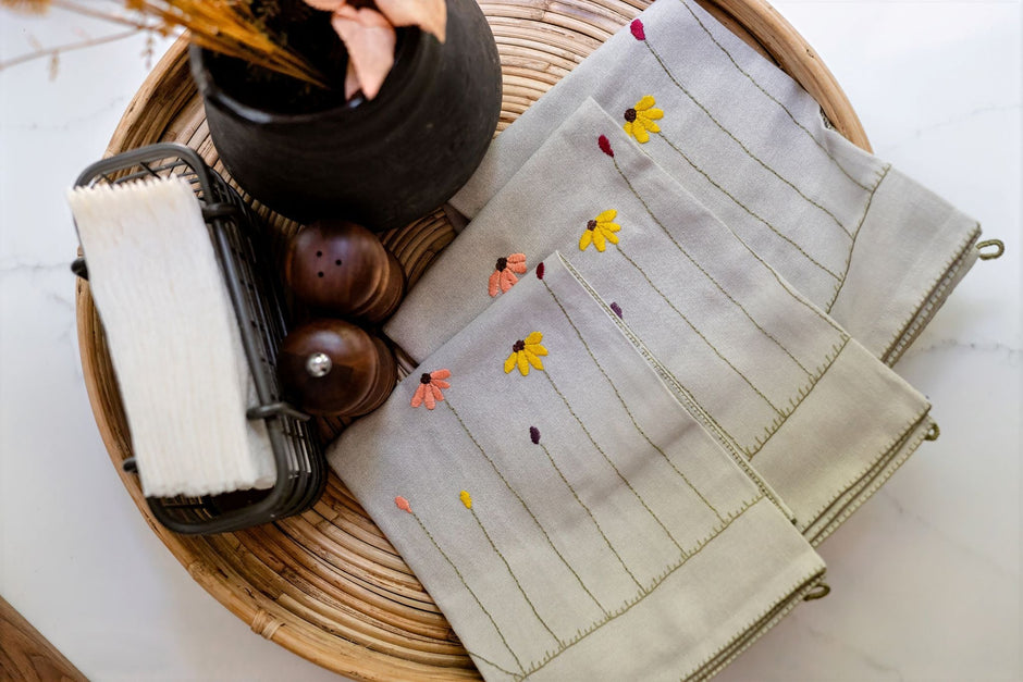 Sunlit Blooms Embroidered Tea Towels Set of 2