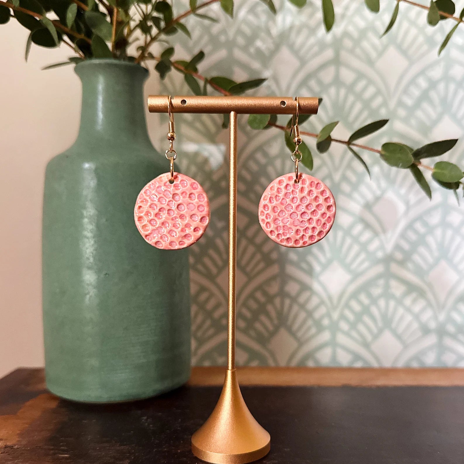 Textured Circle Dangling Ceramic Earrings-zoom-4
