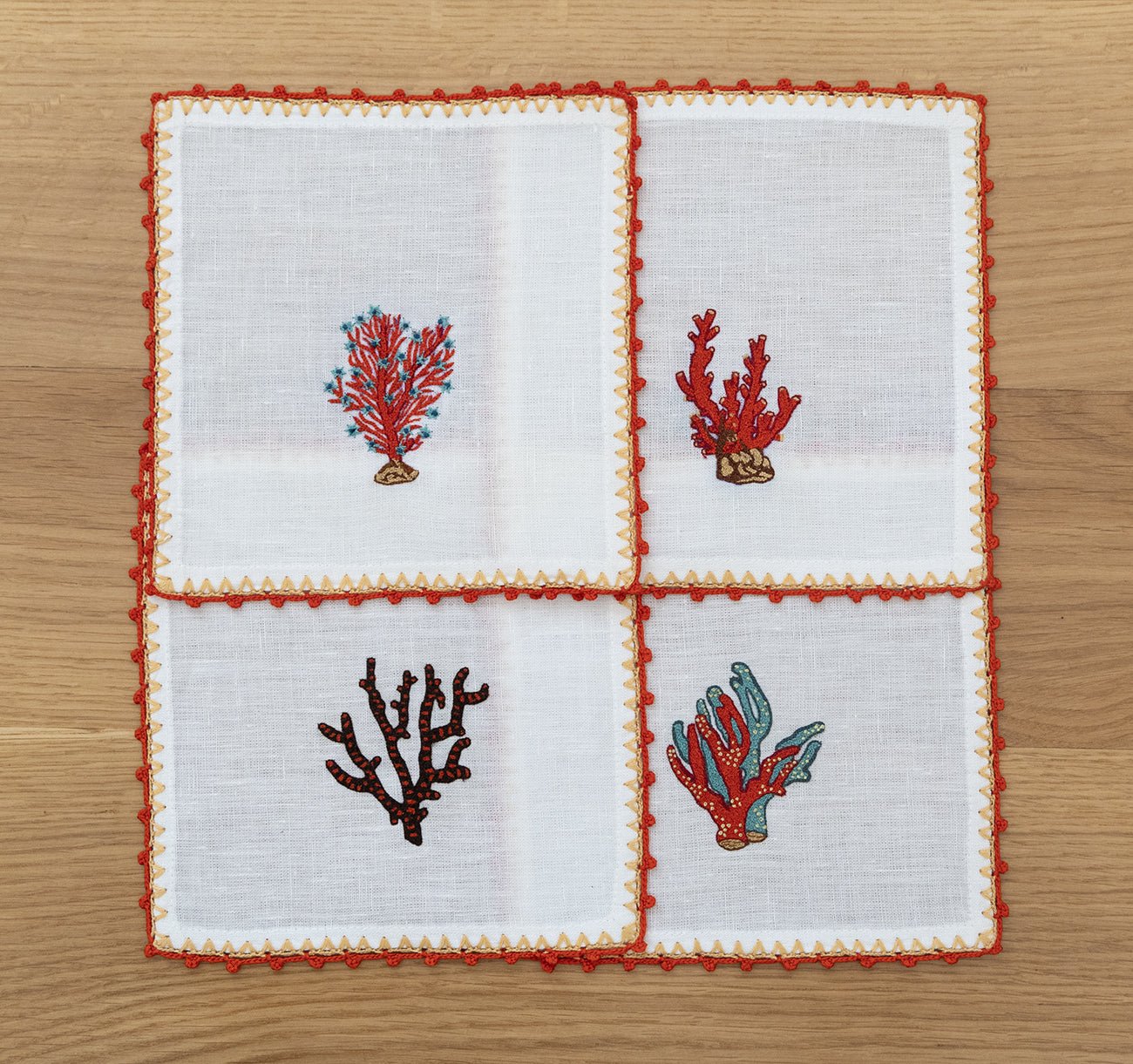 Hand Embroidered Coral Crest Cocktail Napkins | Set of 4 - Aware House