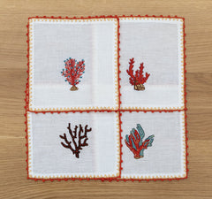 Hand Embroidered Coral Crest Cocktail Napkins | Set of 4 - Aware House