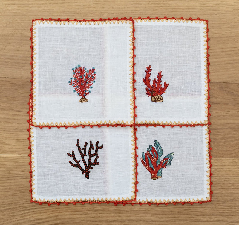 Hand Embroidered Coral Crest Cocktail Napkins | Set of 4-zoom-