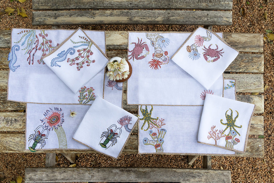 Hand Embroidered Marine Life Placemats | Set of 4