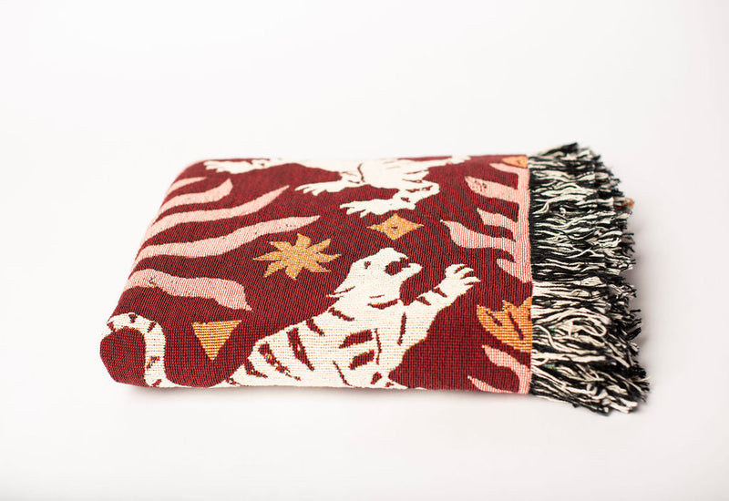 Leona Solstice Red Tiger Folk Art Jacquard Woven Throw Blanket-zoom-