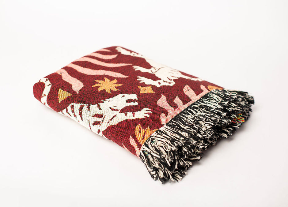 Leona Solstice Red Tiger Folk Art Jacquard Woven Throw Blanket