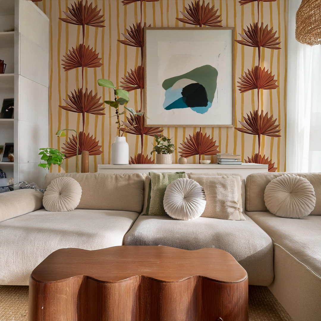 Stripey Palm Wallpaper, nude mustard and rust-3