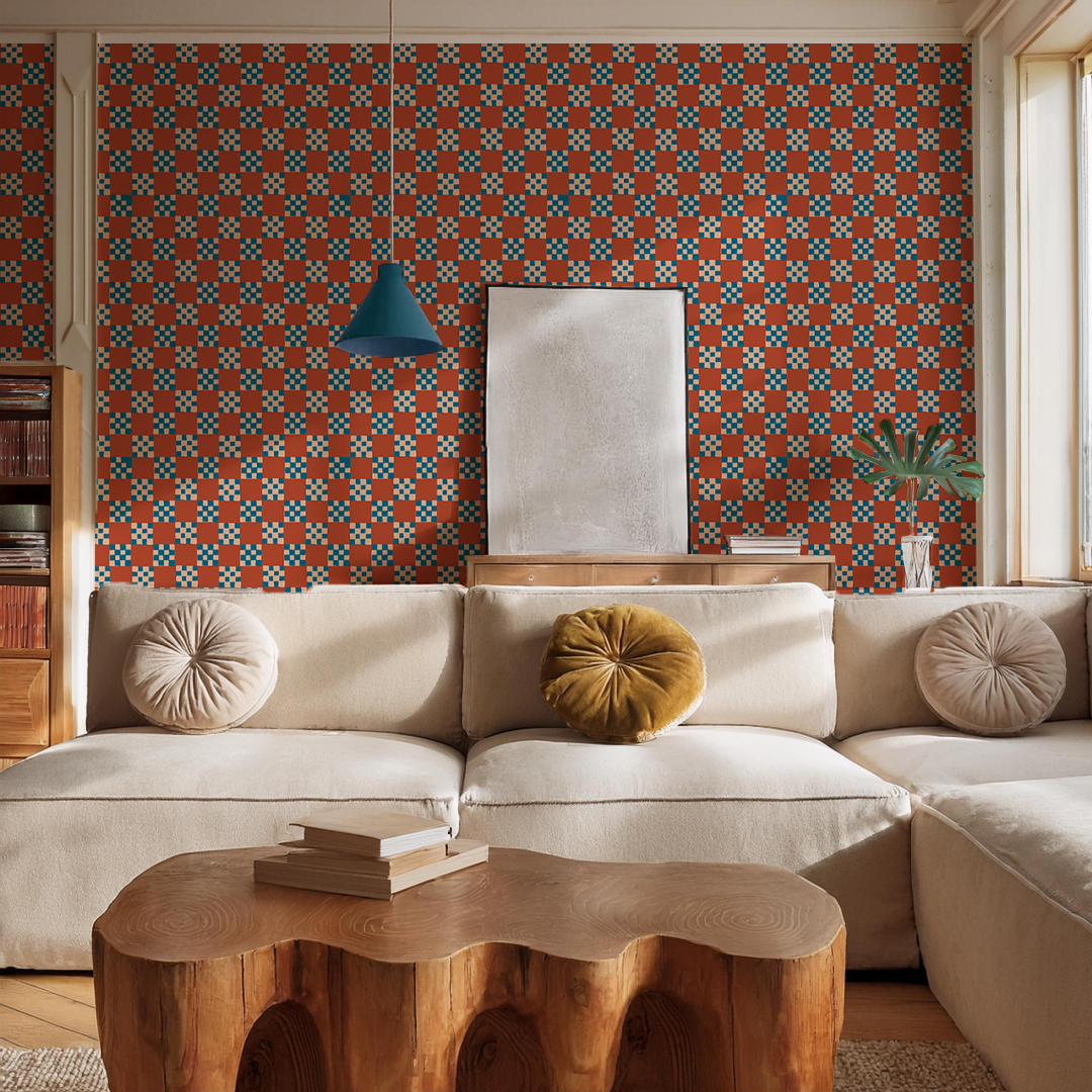 Checkered Quilt Wallpaper, rust, peach & blue-zoom-4