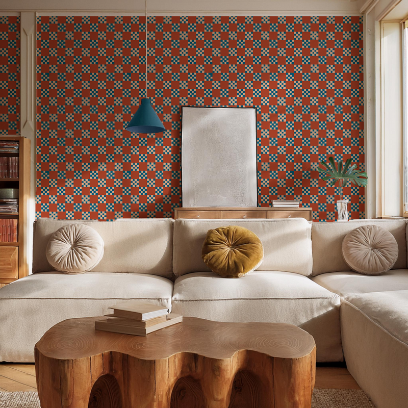 Checkered Quilt Wallpaper, rust, peach & blue-zoom-