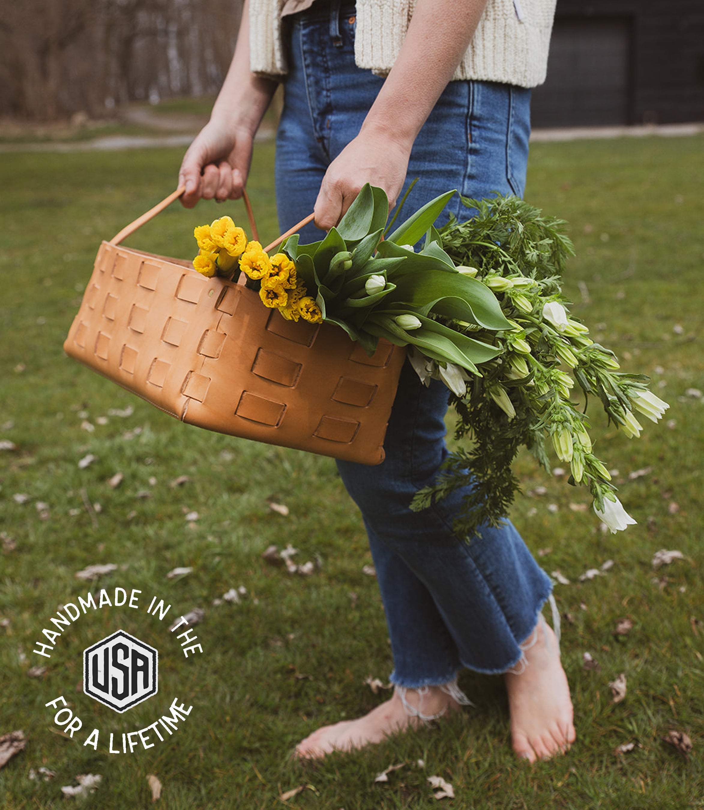 Large Leather Woven Basket | USA Made