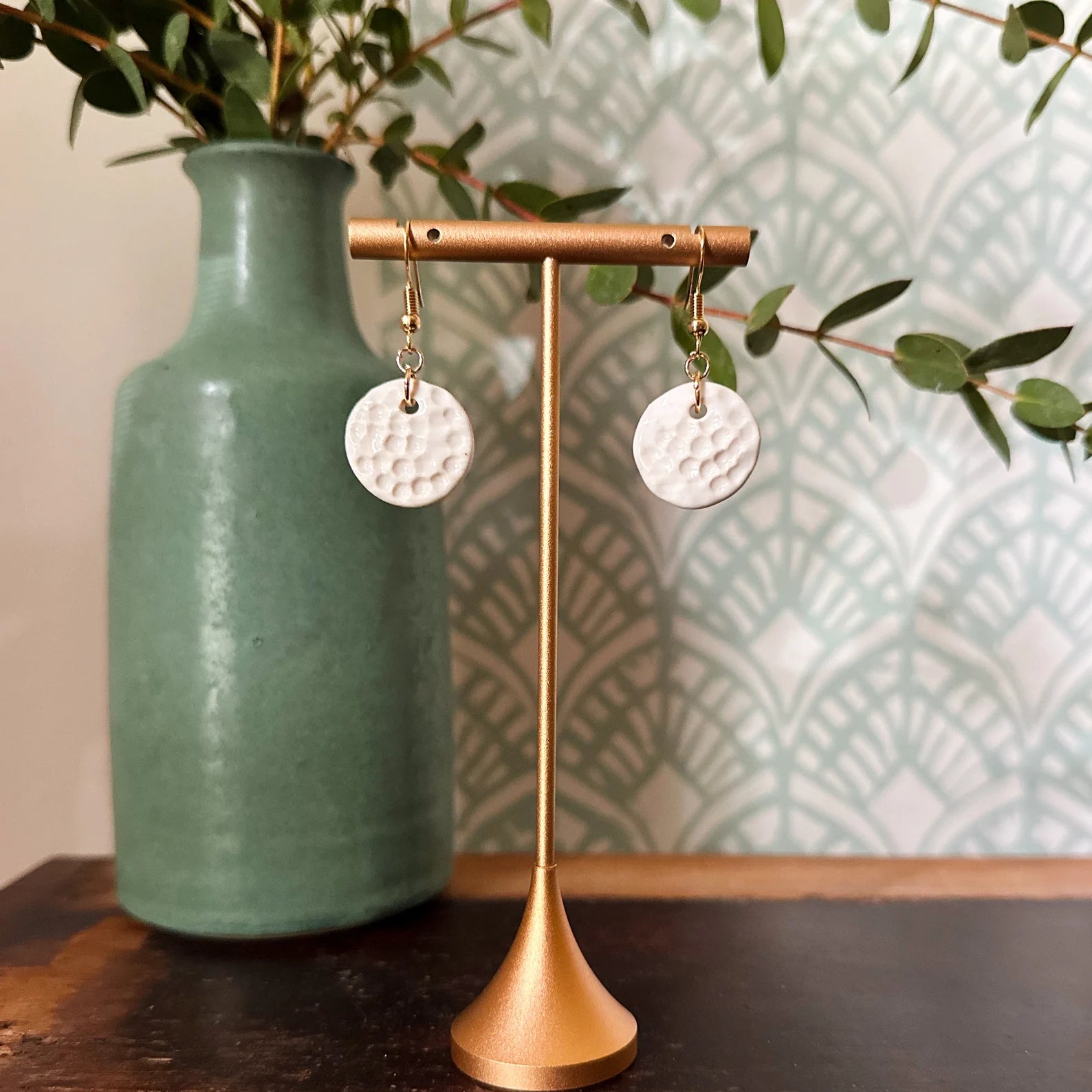 Textured Circle Dangling Ceramic Earrings-zoom-3