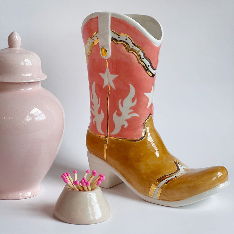 Two Tone Monogrammed Cowboy Boot Vase-zoom-