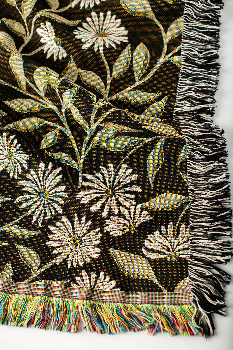 May Bramble Black and Gold Floral Botanical Jacquard Woven Throw Blanket