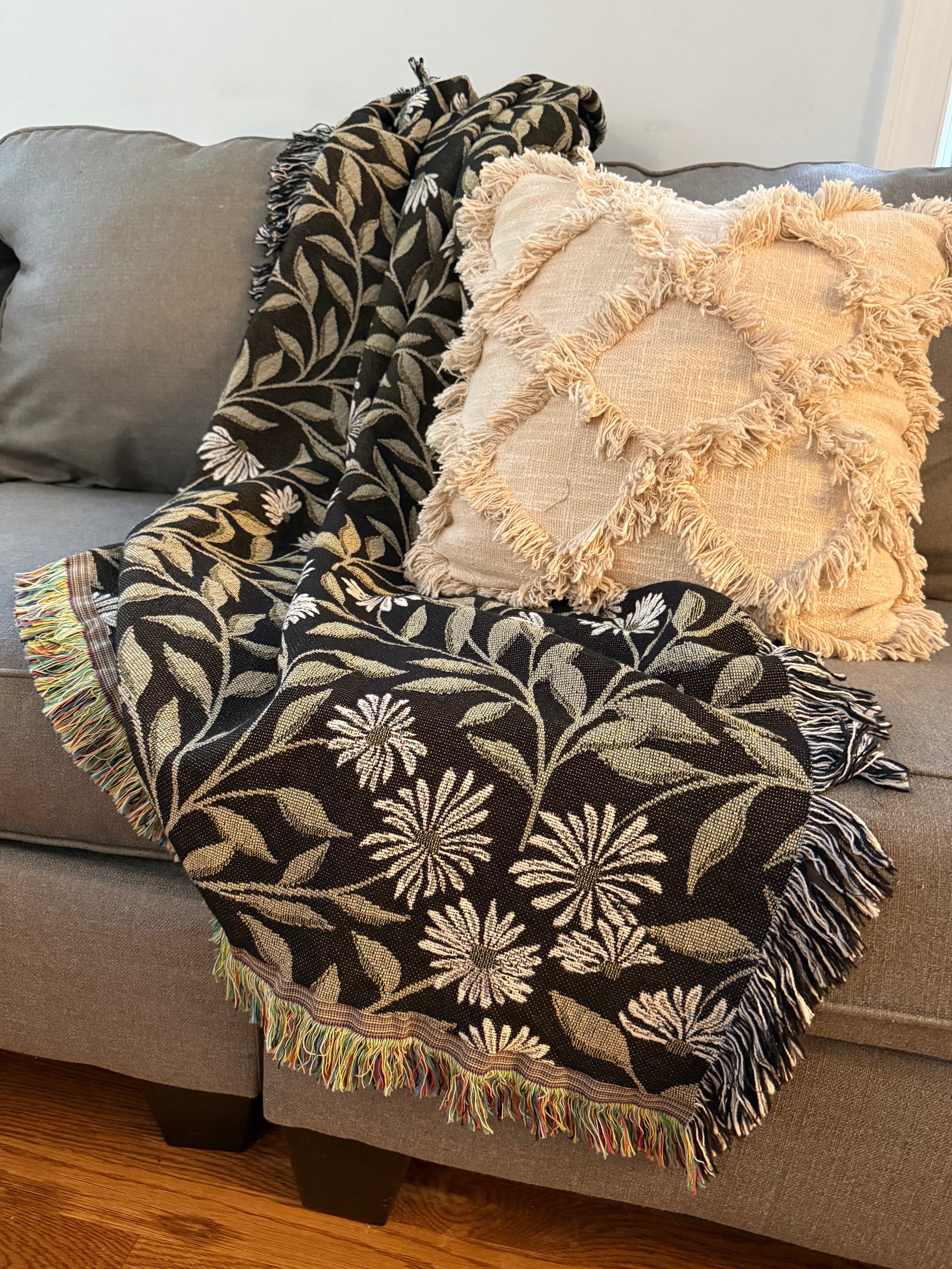 May Bramble Black and Gold Floral Botanical Jacquard Woven Throw Blanket-zoom-3