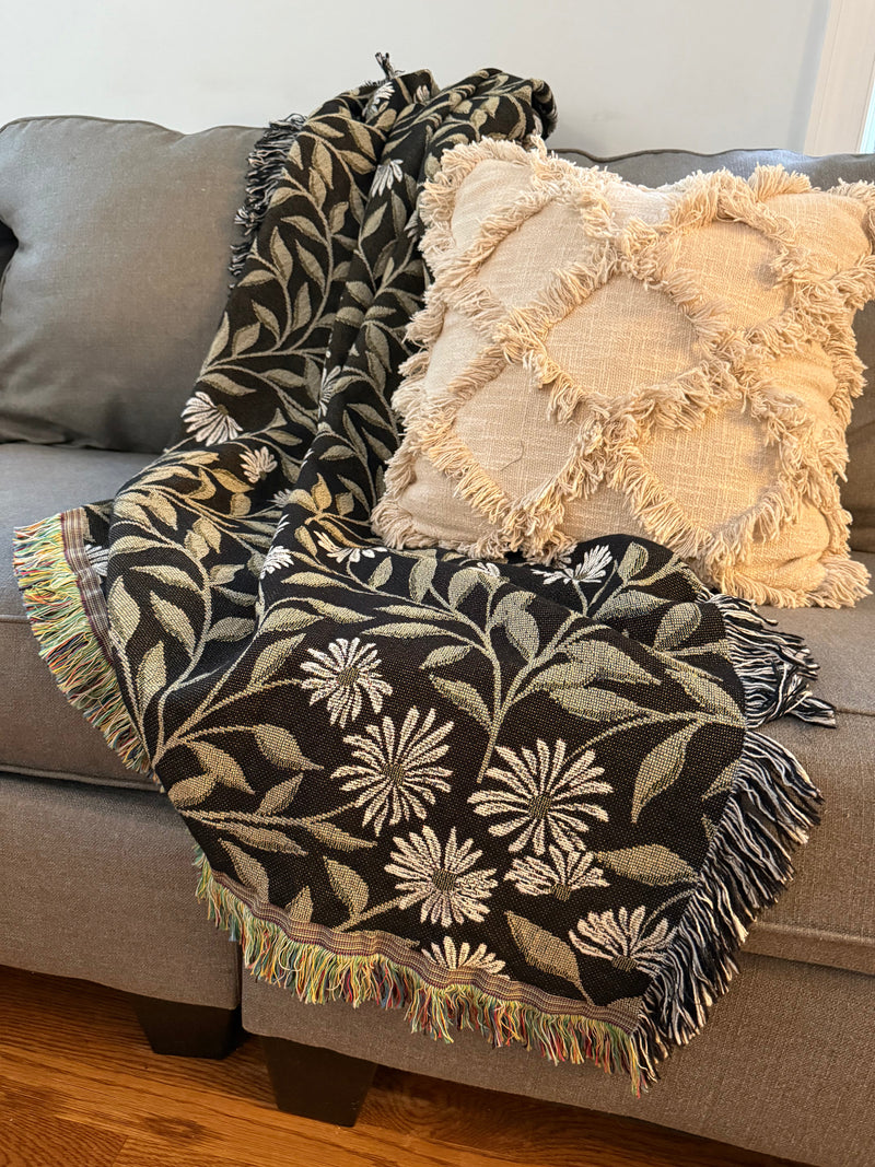 May Bramble Black and Gold Floral Botanical Jacquard Woven Throw Blanket-zoom-