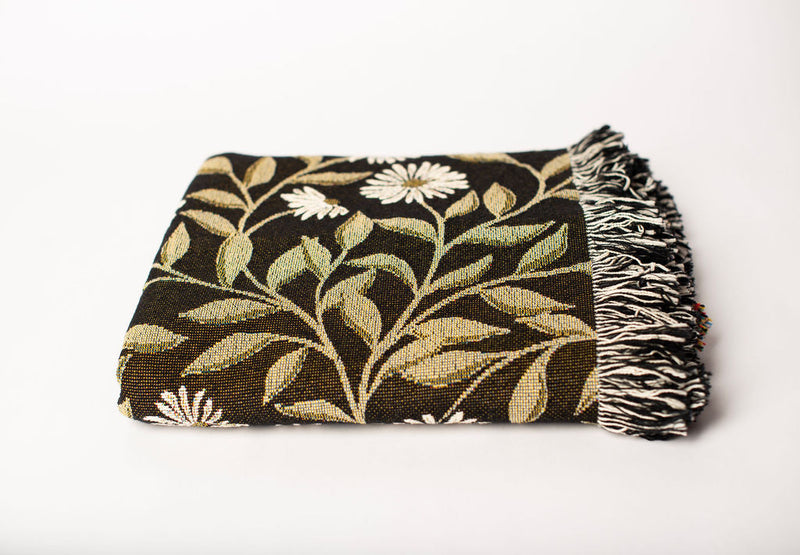 May Bramble Black and Gold Floral Botanical Jacquard Woven Throw Blanket-zoom-
