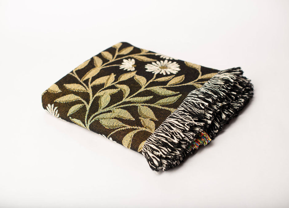 May Bramble Black and Gold Floral Botanical Jacquard Woven Throw Blanket