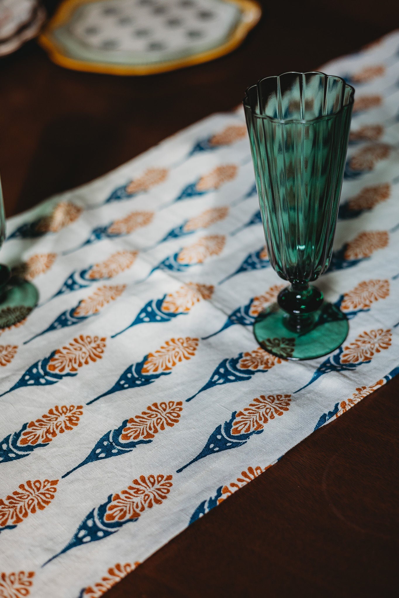 Bahaar Hand-Printed Linen Table Runner – Ginger & Blue-zoom-2