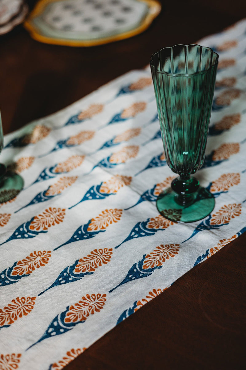 Bahaar Hand-Printed Linen Table Runner – Ginger & Blue-zoom-