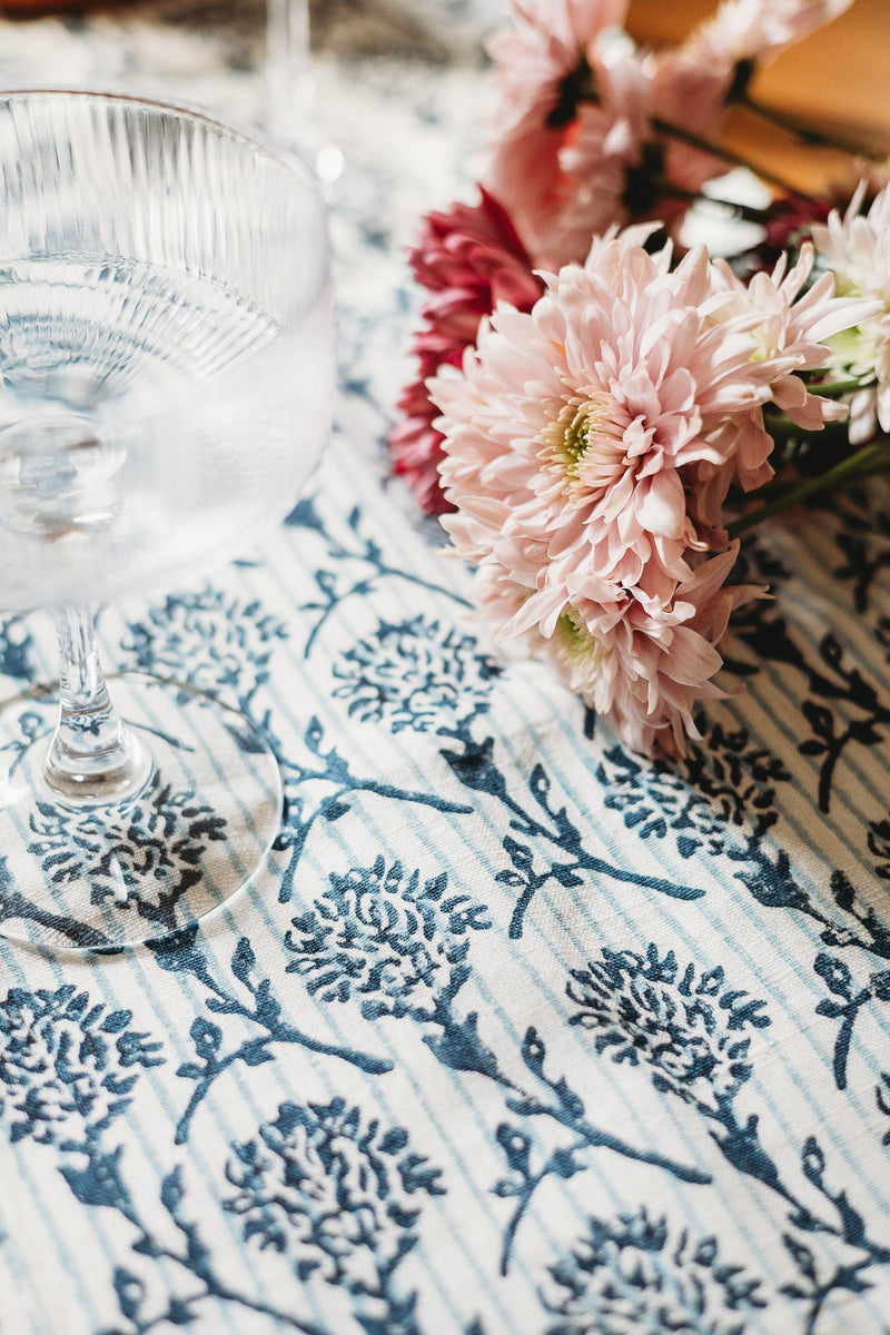 Nikhar Hand-Printed Linen Table Runner – Azure Blue-zoom-