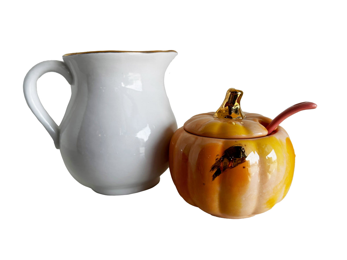 Pumpkin Sugar Pot, Spoon, and Creamer-2