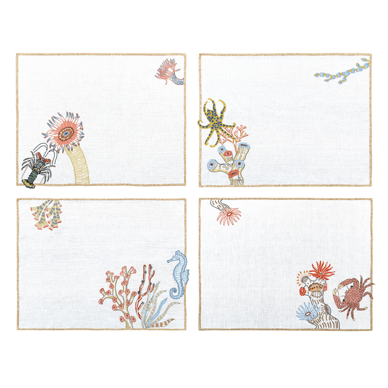 Hand Embroidered Marine Life Placemats | Set of 4-zoom-