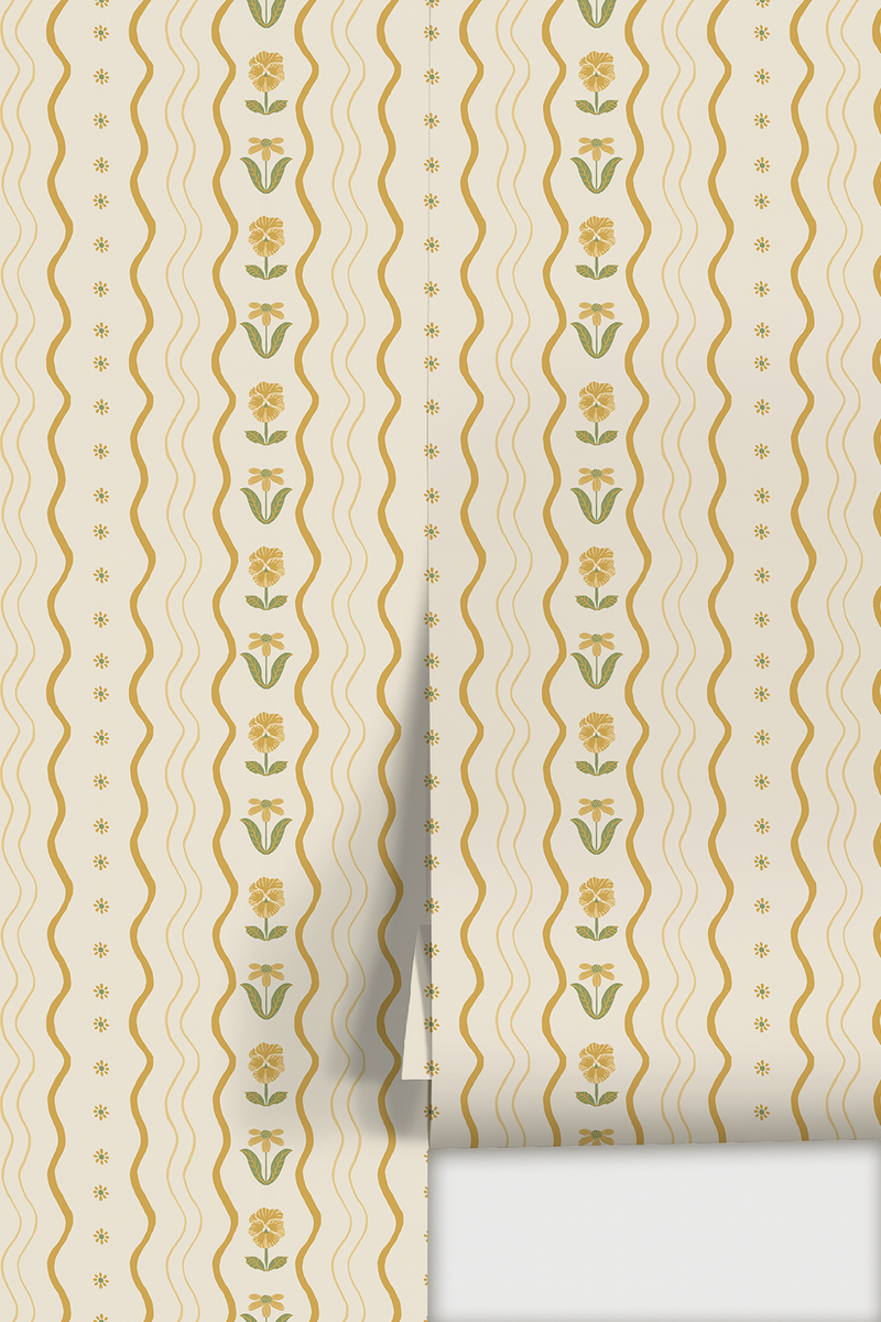 Posy Lane Stripe Wallpaper, beige and yellow-zoom-