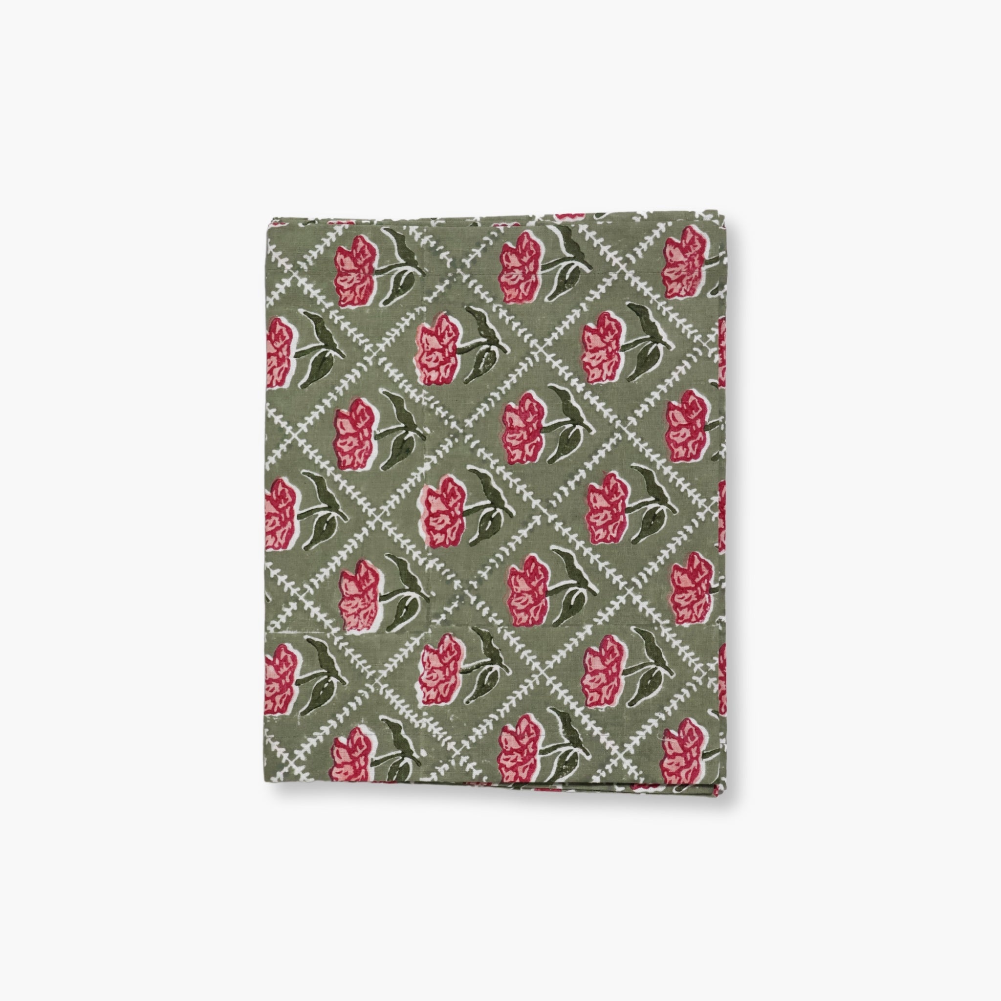 Noor Hand-Printed Linen Table Runner – Olive & Pink-zoom-1