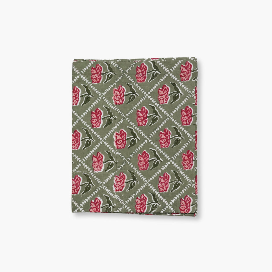 Noor Hand-Printed Linen Table Runner – Olive & Pink