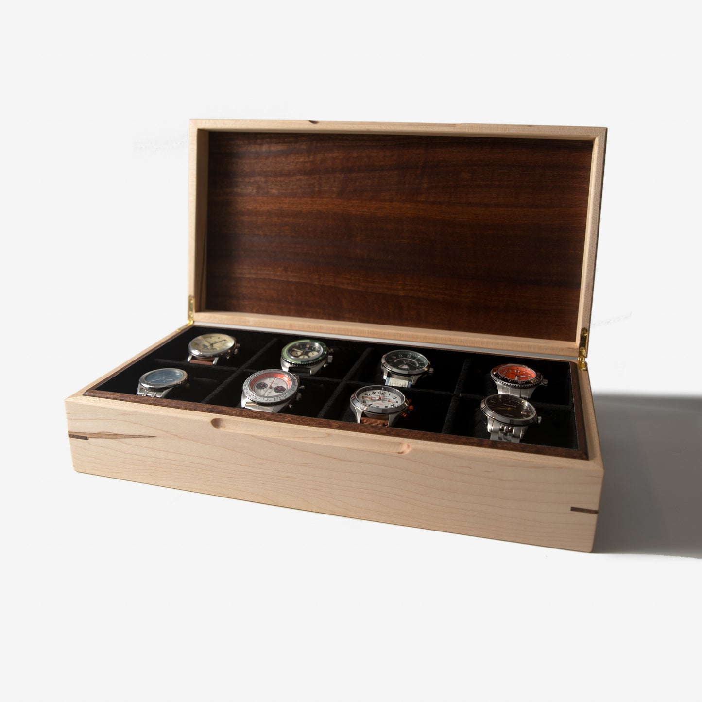 Watch Box |  Curly Maple and Sapele Mahogany | 8 Watch Compartments