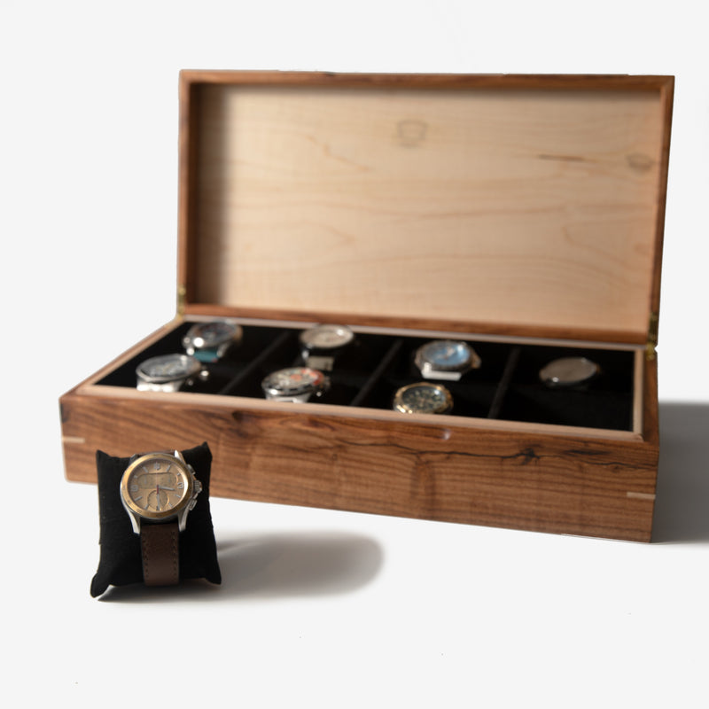 Watch Box |  Desert Mesquite and Curly Maple |  8 Watch Compartments-zoom-