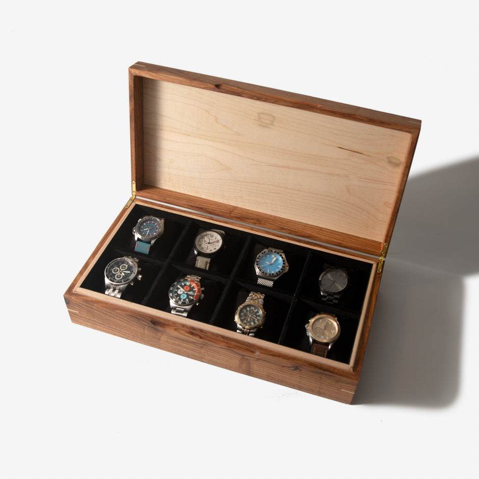 Watch Box |  Desert Mesquite and Curly Maple |  8 Watch Compartments
