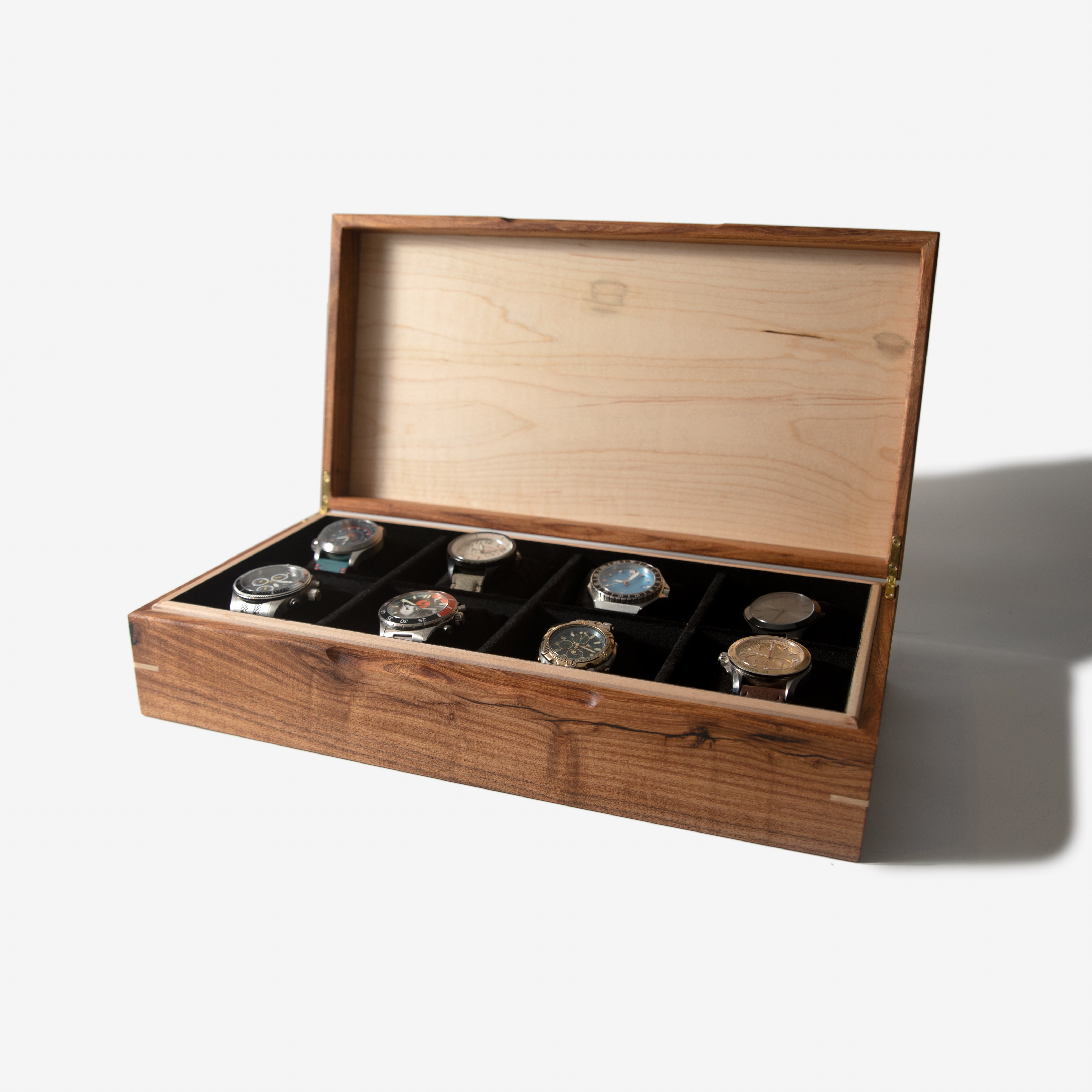 Watch Box |  Desert Mesquite and Curly Maple |  8 Watch Compartments