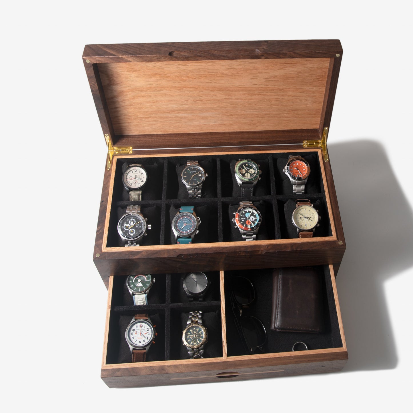 Watch Box with Drawer |  Black Walnut and Oak |  12 to 16 Watch Compartments