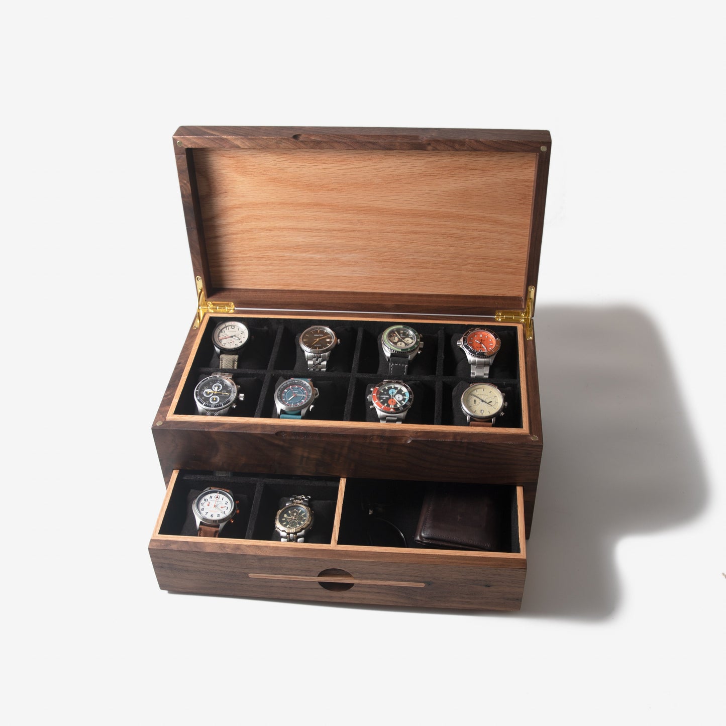 Watch Box with Drawer |  Black Walnut and Oak |  12 to 16 Watch Compartments