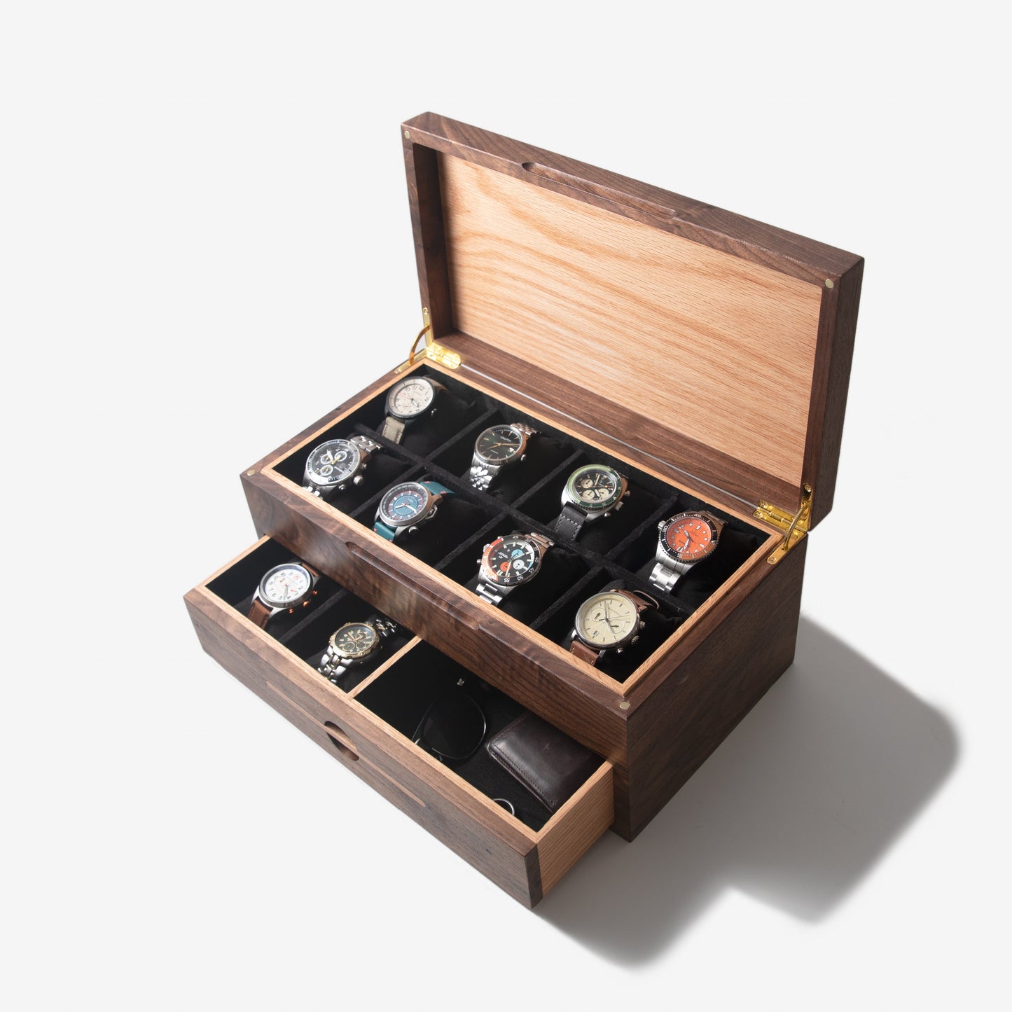 Watch Box with Drawer |  Black Walnut and Oak |  12 to 16 Watch Compartments