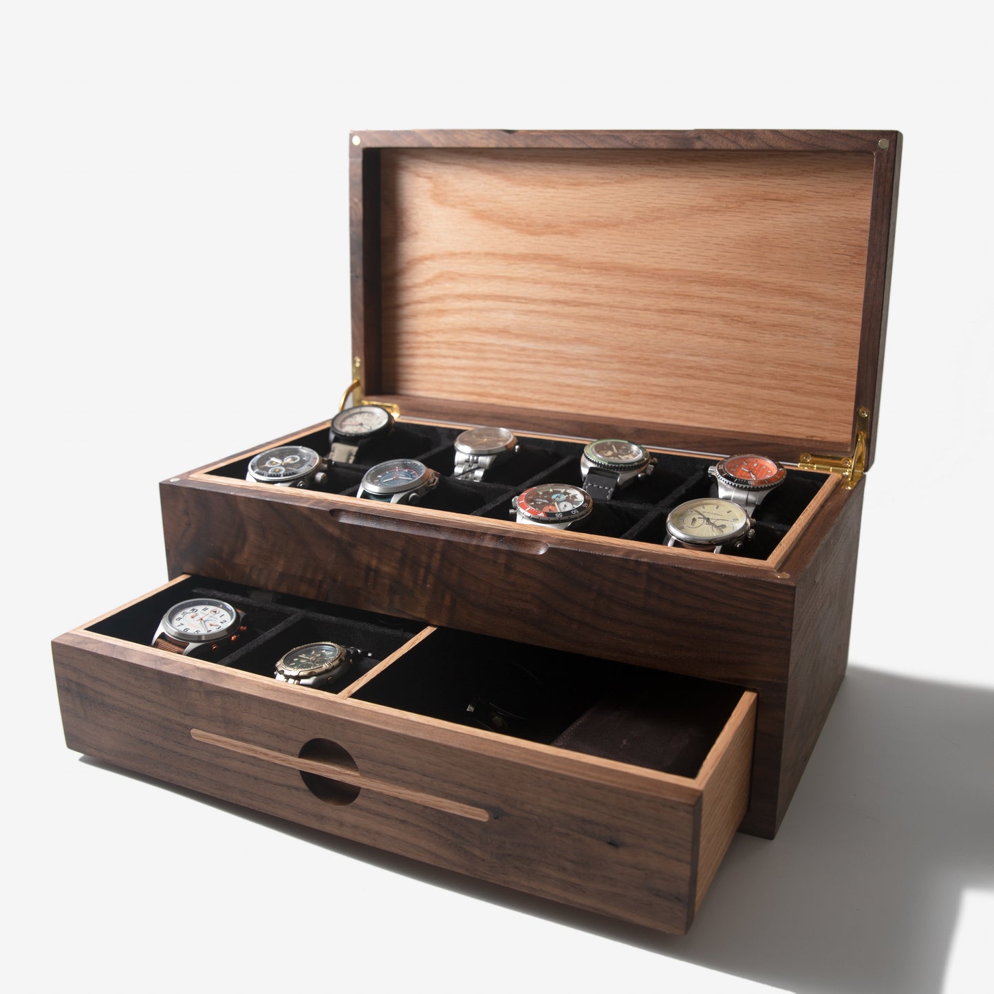 Watch Box with Drawer |  Black Walnut and Oak |  12 to 16 Watch Compartments