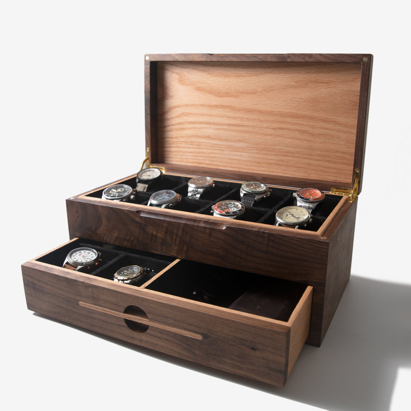 Watch Box with Drawer |  Black Walnut and Oak |  12 to 16 Watch Compartments-zoom-