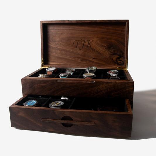 Watch Box with Drawer | Solid Black Walnut | 12 to 16 Watch Compartments