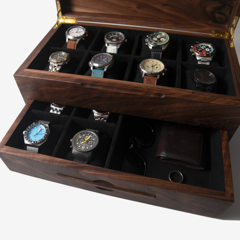 Watch Box with Drawer | Solid Black Walnut | 12 to 16 Watch Compartments-zoom-