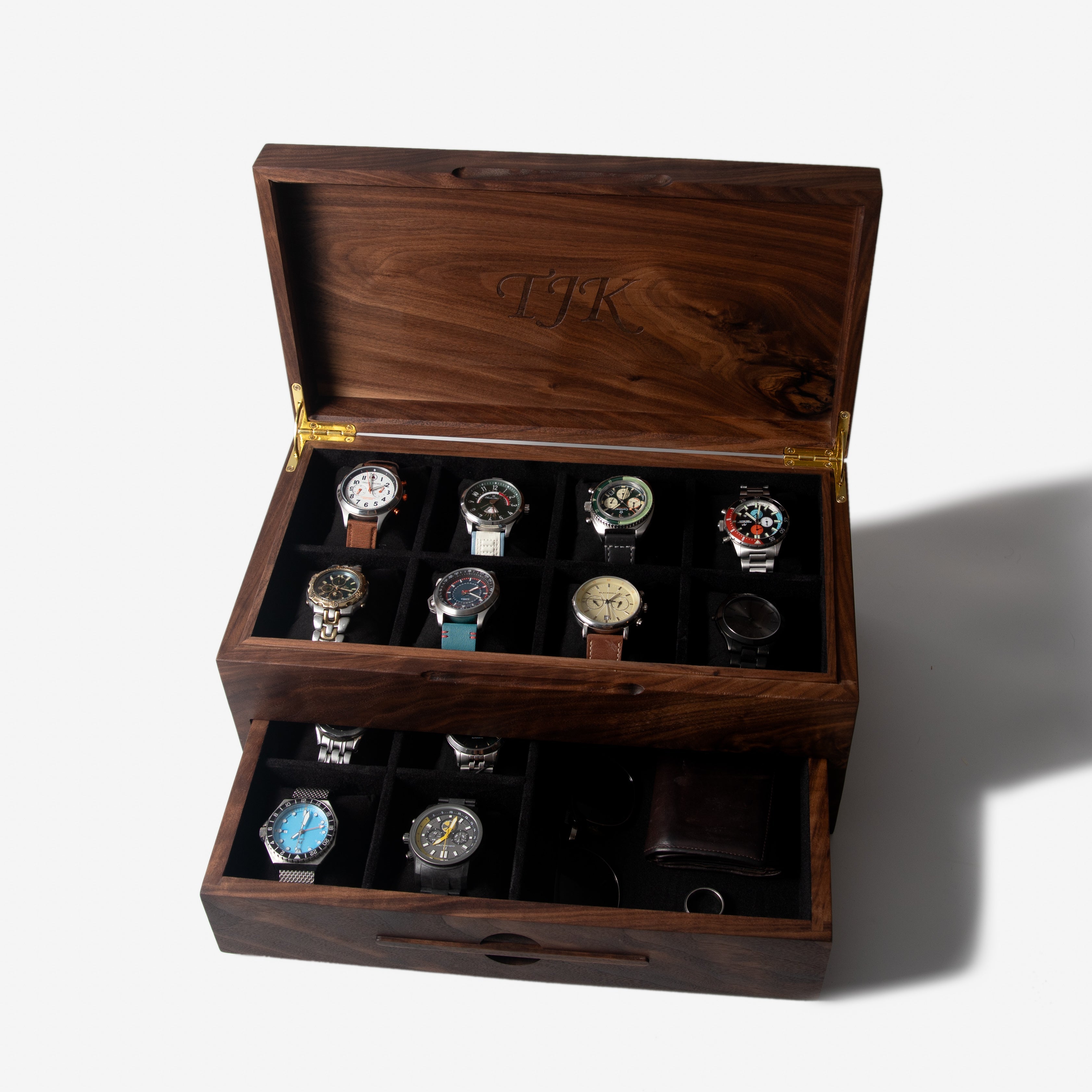 Watch Box with Drawer | Solid Black Walnut | 12 to 16 Watch Compartments-zoom-5