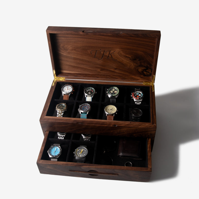 Watch Box with Drawer | Solid Black Walnut | 12 to 16 Watch Compartments-zoom-