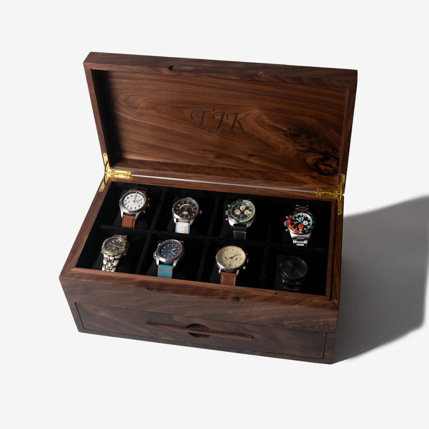 Watch Box with Drawer | Solid Black Walnut | 12 to 16 Watch Compartments