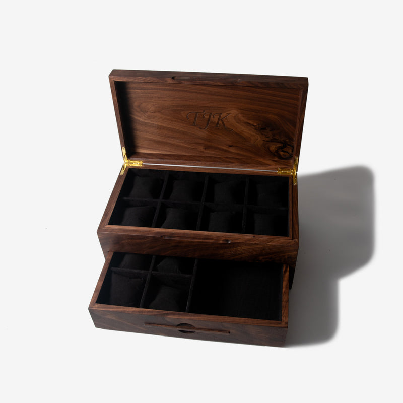 Watch Box with Drawer | Solid Black Walnut | 12 to 16 Watch Compartments-zoom-