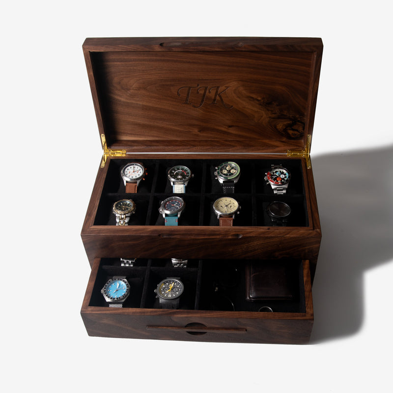 Watch Box with Drawer | Solid Black Walnut | 12 to 16 Watch Compartments-zoom-