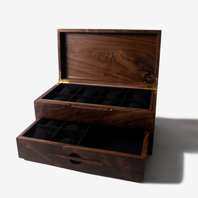 Watch Box with Drawer | Solid Black Walnut | 12 to 16 Watch Compartments-zoom-