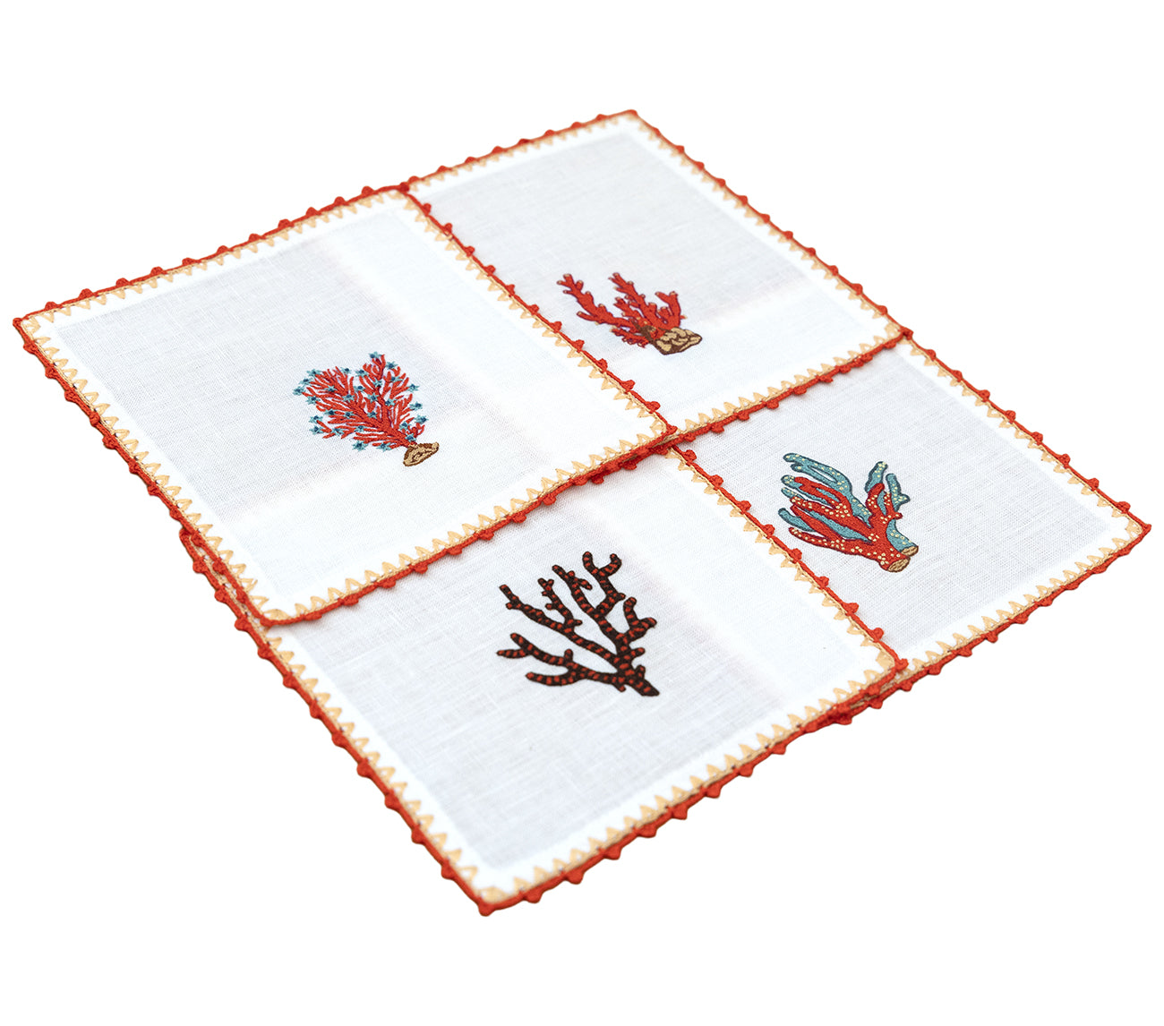 Hand Embroidered Coral Crest Cocktail Napkins | Set of 4