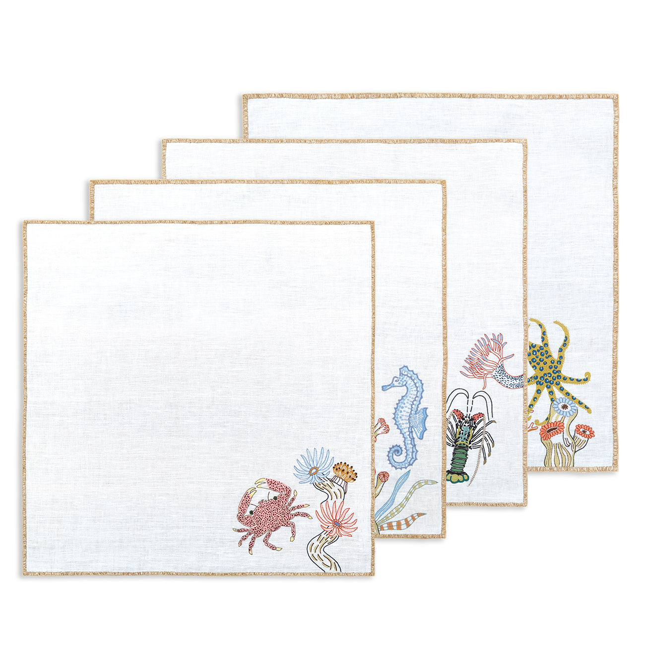 Hand Embroidered Marine Life Napkins | Set of 4