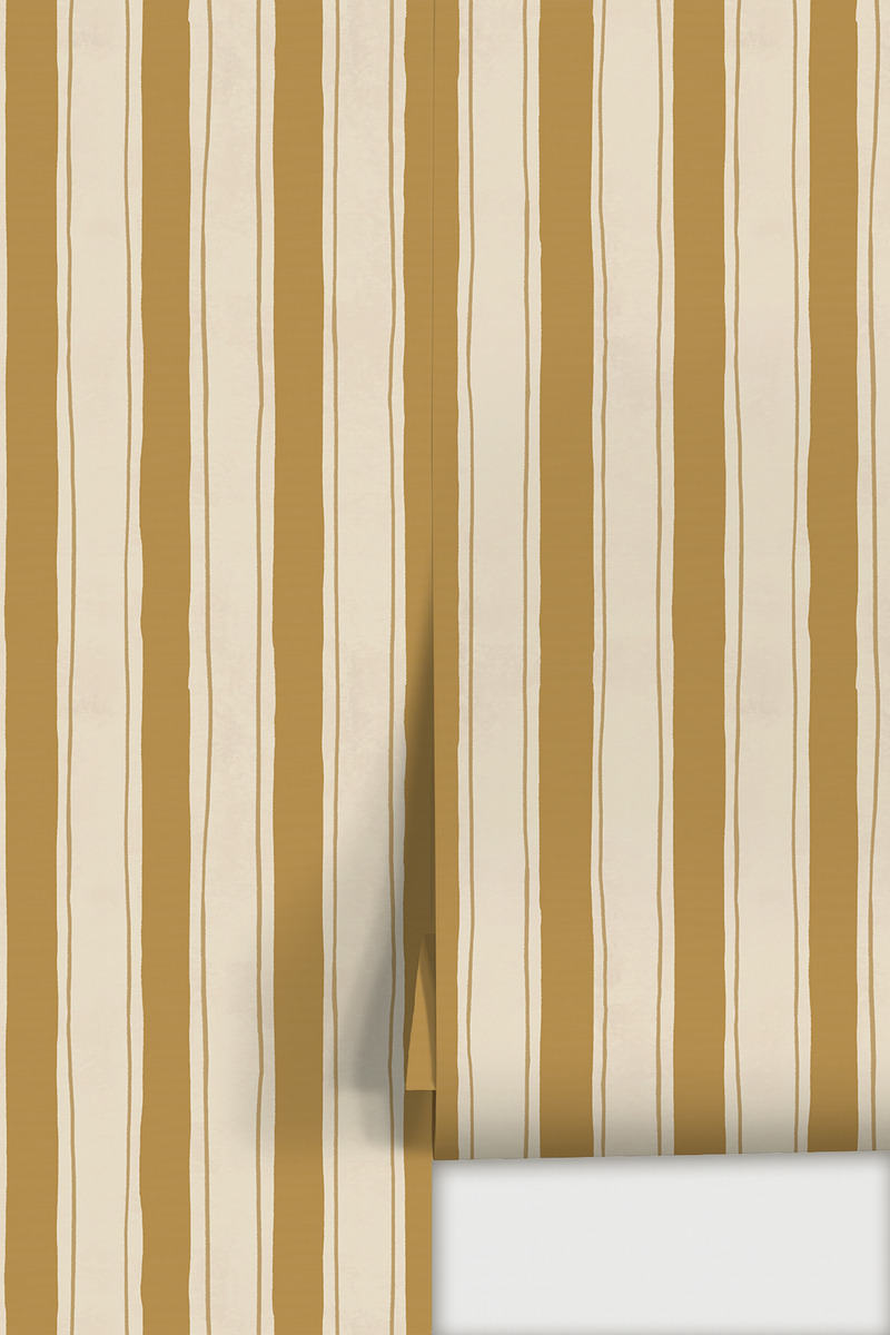 Riviera Stripe Wallpaper, off-white and mustard yellow-zoom-