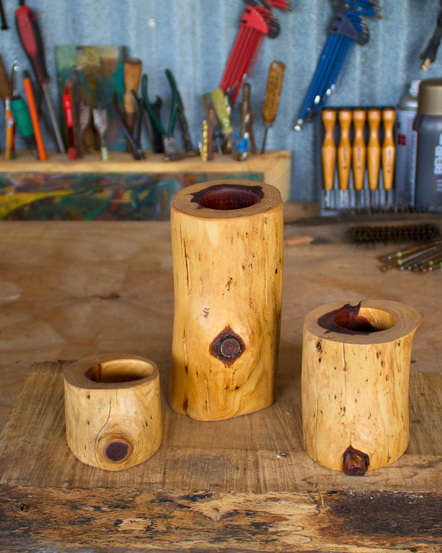 Western Red Cedar Wooden Candle Holders Set of Three-zoom-1