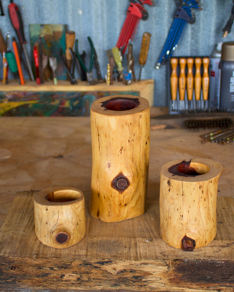 Western Red Cedar Wooden Candle Holders Set of Three