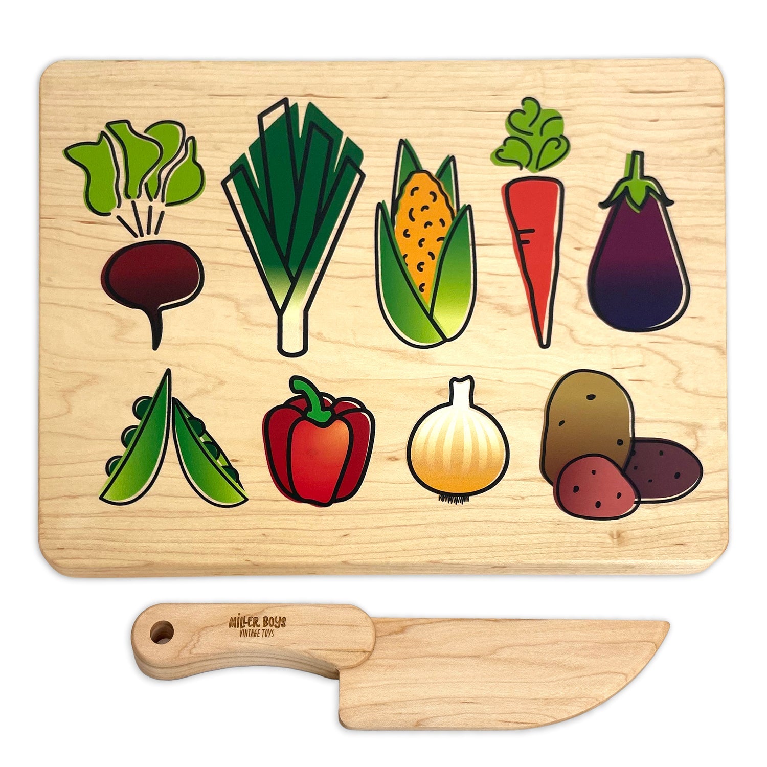 Kid's Chef-in-Training Veggie Wooden Cutting Board with Handcrafted Wooden Knife-zoom-1